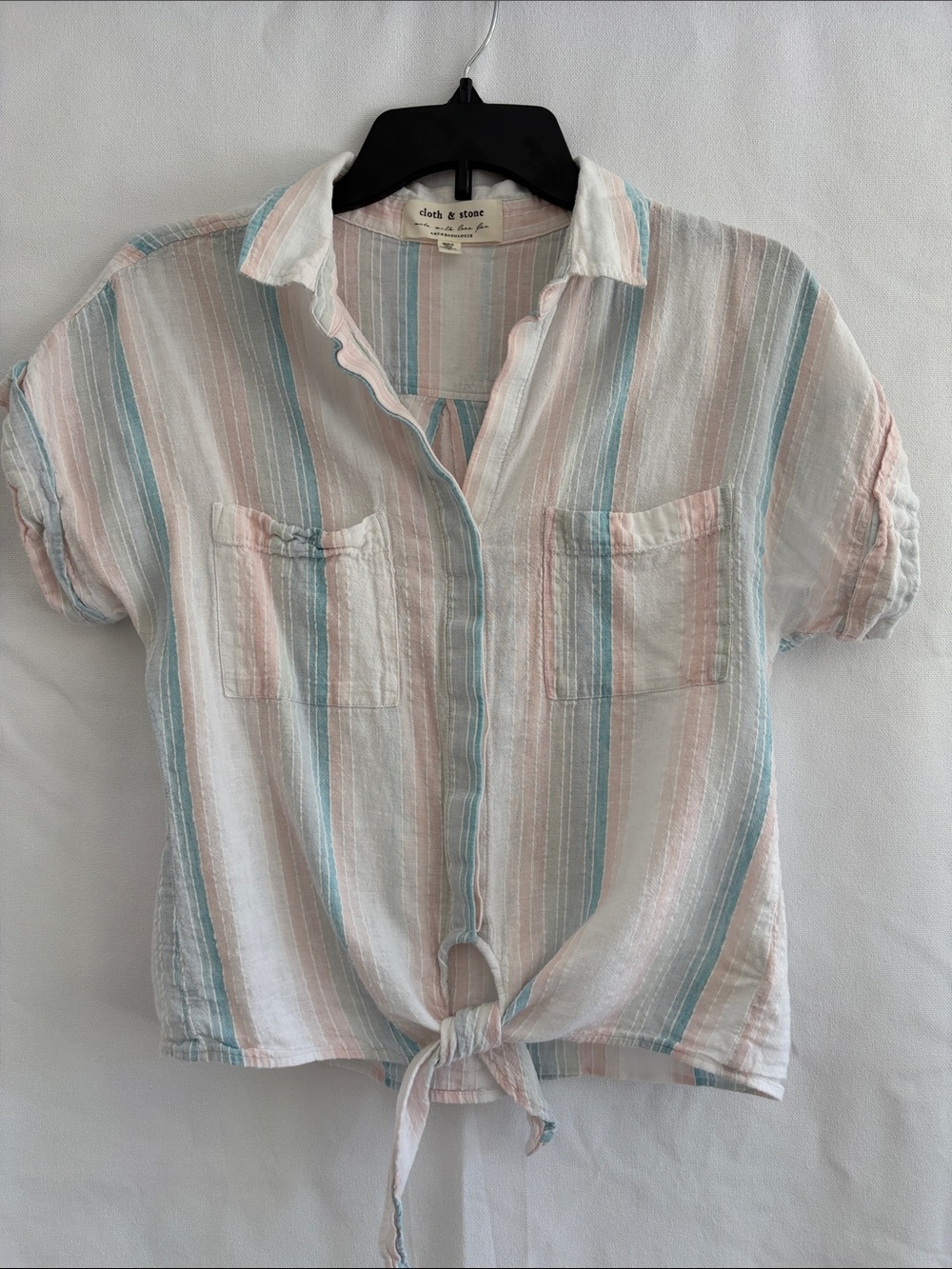 Cloth & Stone Pastel Stripe Buttoned Tie-Front Shirt in Blue Pink & White, Small